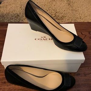 Coach lamb skin and patent leather wedge shoes